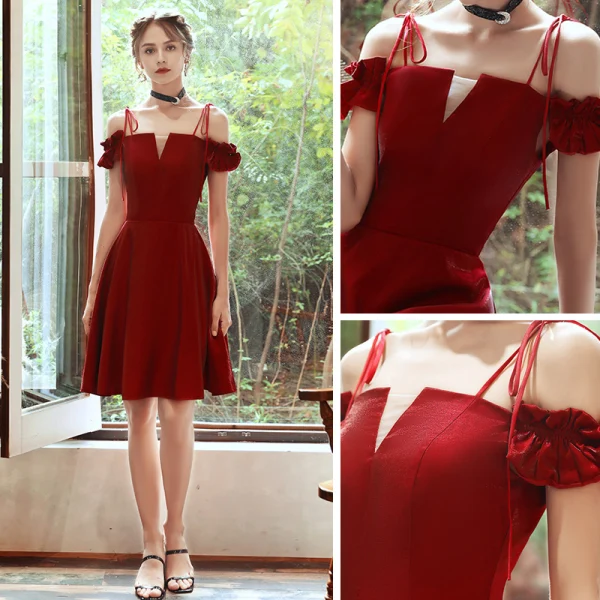 Affordable Red Homecoming Graduation Dresses 2020 A-Line / Princess Off-The-Shoulder Spaghetti Straps Short Sleeve Backless Short Formal Dresses