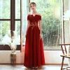 Chic / Beautiful Red Evening Dresses  2020 A-Line / Princess Off-The-Shoulder Short Sleeve Appliques Lace Beading Glitter Polyester Floor-Length / Long Ruffle Backless Formal Dresses