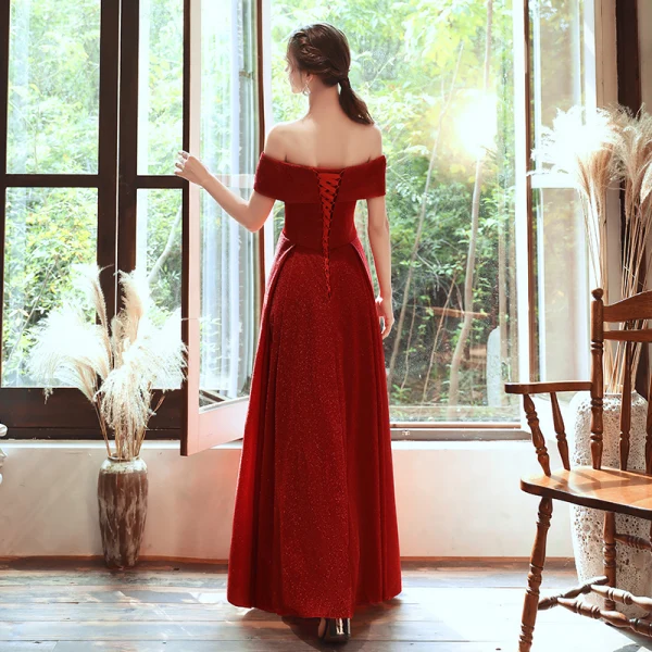 Chic / Belle Rouge Robe De Soirée 2020 Princesse De l'épaule Manches Courtes Appliques En Dentelle Perlage Glitter Polyester Longue Volants Dos Nu Robe De Ceremonie