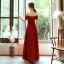 Chic / Belle Rouge Robe De Soirée 2020 Princesse De l'épaule Manches Courtes Appliques En Dentelle Perlage Glitter Polyester Longue Volants Dos Nu Robe De Ceremonie