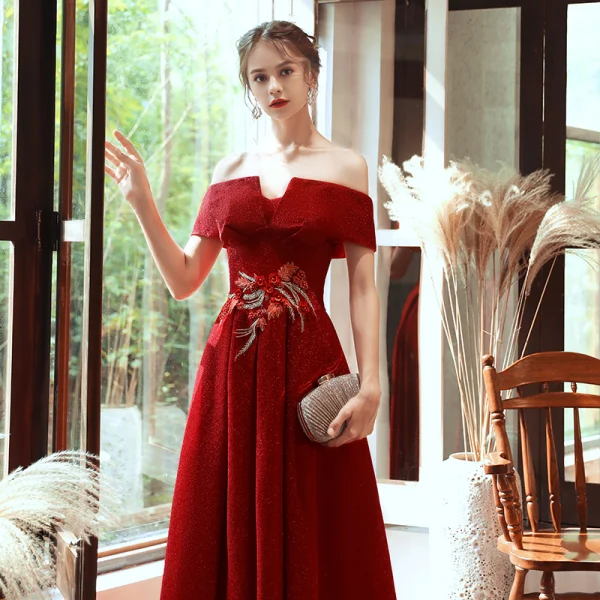 Chic / Belle Rouge Robe De Soirée 2020 Princesse De l'épaule Manches Courtes Appliques En Dentelle Perlage Glitter Polyester Longue Volants Dos Nu Robe De Ceremonie
