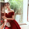 Chic / Beautiful Red Evening Dresses  2020 A-Line / Princess Off-The-Shoulder Short Sleeve Appliques Lace Beading Glitter Polyester Floor-Length / Long Ruffle Backless Formal Dresses