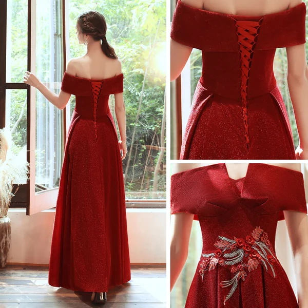 Chic / Belle Rouge Robe De Soirée 2020 Princesse De l'épaule Manches Courtes Appliques En Dentelle Perlage Glitter Polyester Longue Volants Dos Nu Robe De Ceremonie