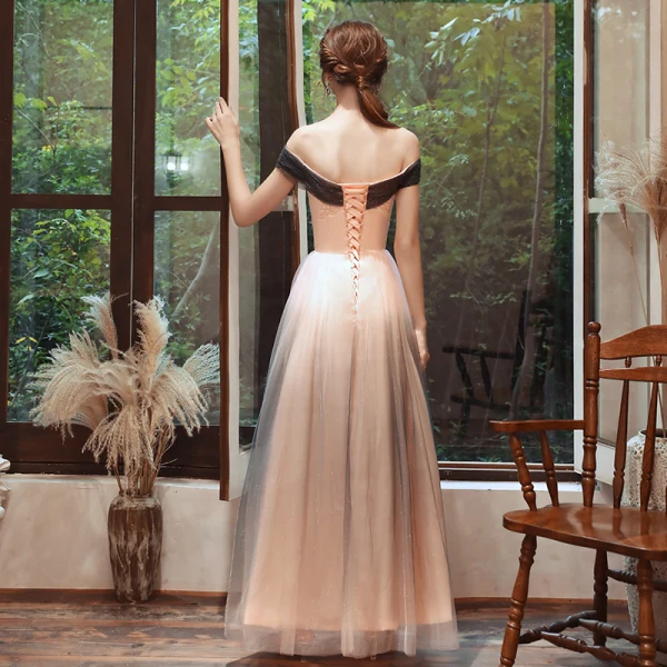 Élégant Rose Bonbon Robe De Soirée 2020 Princesse De l'épaule Manches Courtes Appliques En Dentelle Perlage Glitter Tulle Longue Dos Nu Robe De Ceremonie