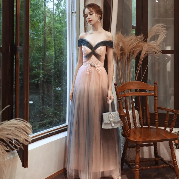 Élégant Rose Bonbon Robe De Soirée 2020 Princesse De l'épaule Manches Courtes Appliques En Dentelle Perlage Glitter Tulle Longue Dos Nu Robe De Ceremonie