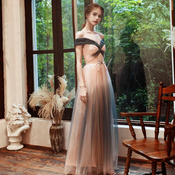 Élégant Rose Bonbon Robe De Soirée 2020 Princesse De l'épaule Manches Courtes Appliques En Dentelle Perlage Glitter Tulle Longue Dos Nu Robe De Ceremonie