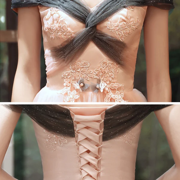 Élégant Rose Bonbon Robe De Soirée 2020 Princesse De l'épaule Manches Courtes Appliques En Dentelle Perlage Glitter Tulle Longue Dos Nu Robe De Ceremonie