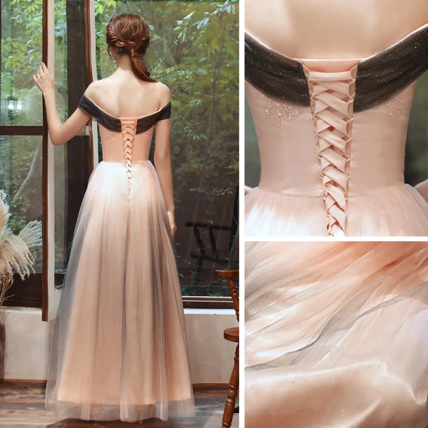Élégant Rose Bonbon Robe De Soirée 2020 Princesse De l'épaule Manches Courtes Appliques En Dentelle Perlage Glitter Tulle Longue Dos Nu Robe De Ceremonie