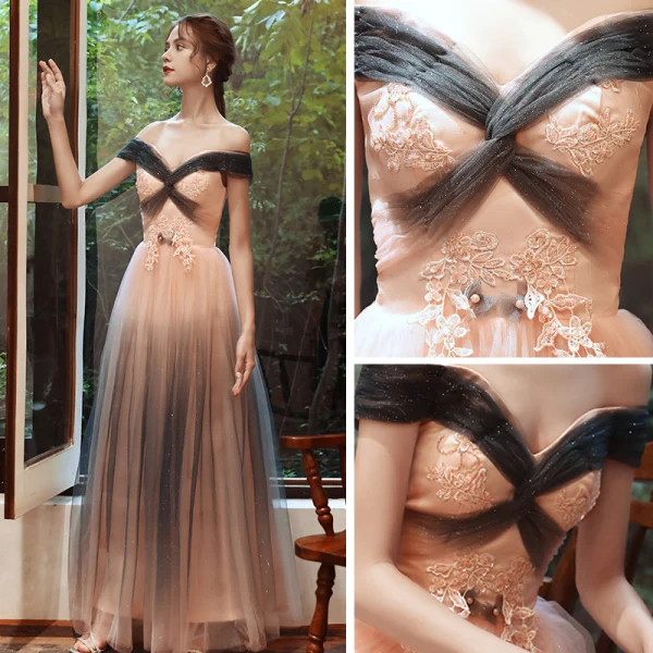 Élégant Rose Bonbon Robe De Soirée 2020 Princesse De l'épaule Manches Courtes Appliques En Dentelle Perlage Glitter Tulle Longue Dos Nu Robe De Ceremonie