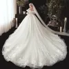 Victorian Style Champagne Wedding Dresses 2020 Ball Gown Off-The-Shoulder Puffy Long Sleeve Backless Glitter Tulle Appliques Lace Beading Chapel Train Ruffle