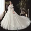 Victorian Style Champagne Wedding Dresses 2020 Ball Gown Off-The-Shoulder Puffy Long Sleeve Backless Glitter Tulle Appliques Lace Beading Chapel Train Ruffle