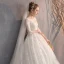 Abordable Ivoire Percé Robe De Mariée 2019 Robe Boule Encolure Carrée 3/4 Manches Dos Nu Étoile Appliques En Dentelle Cathedral Train