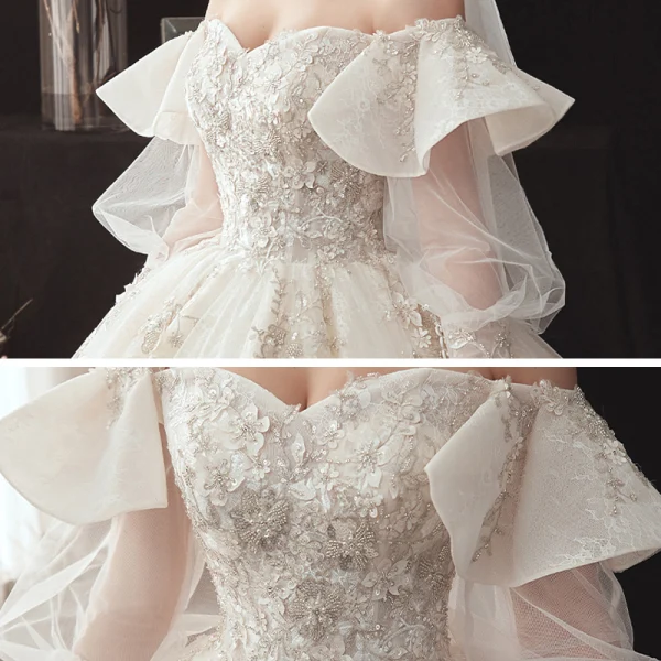 Victorian Style Champagne Wedding Dresses 2020 Ball Gown Off-The-Shoulder Puffy Long Sleeve Backless Glitter Tulle Appliques Lace Beading Chapel Train Ruffle