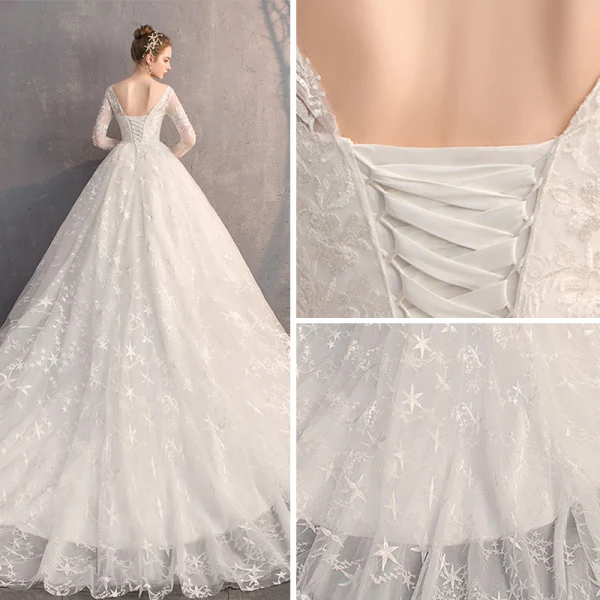 Abordable Ivoire Percé Robe De Mariée 2019 Robe Boule Encolure Carrée 3/4 Manches Dos Nu Étoile Appliques En Dentelle Cathedral Train