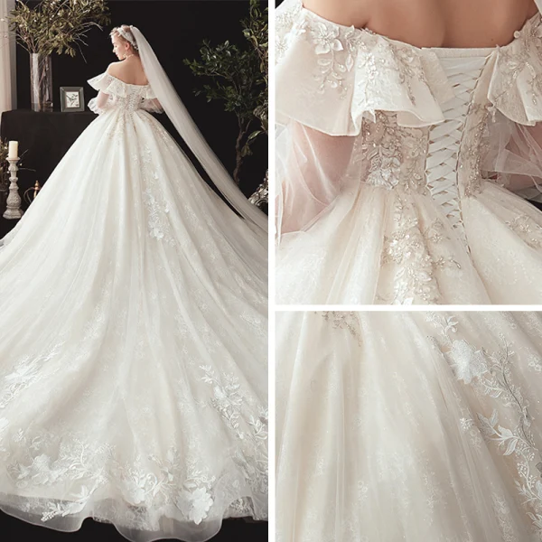 Victorian Style Champagne Wedding Dresses 2020 Ball Gown Off-The-Shoulder Puffy Long Sleeve Backless Glitter Tulle Appliques Lace Beading Chapel Train Ruffle