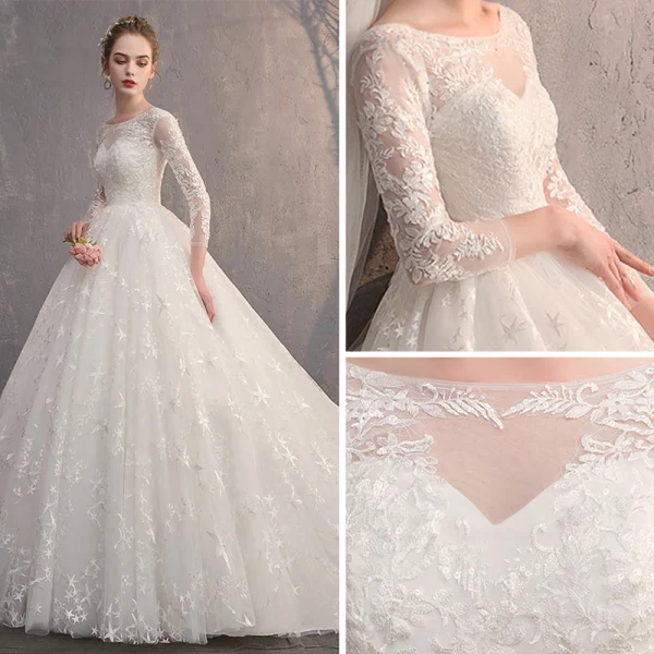 Abordable Ivoire Percé Robe De Mariée 2019 Robe Boule Encolure Carrée 3/4 Manches Dos Nu Étoile Appliques En Dentelle Cathedral Train