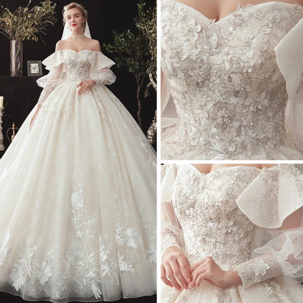 Victorian Style Champagne Wedding Dresses 2020 Ball Gown Off-The-Shoulder Puffy Long Sleeve Backless Glitter Tulle Appliques Lace Beading Chapel Train Ruffle