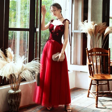 Elegant Red Suede Evening Dresses 2020 A Line Princess Spaghetti Straps See Through Deep V Neck Sleeveless Appliques Flower Beading Floor Length Long Ruffle Backless Formal Dresses
