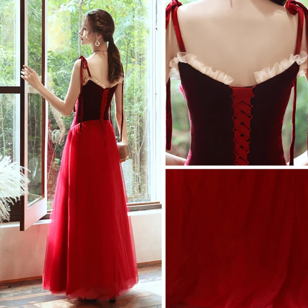 Élégant Rouge Daim Robe De Soirée 2020 Princesse Bretelles Spaghetti Transparentes Col v profond Sans Manches Appliques Fleur Perlage Longue Volants Dos Nu Robe De Ceremonie