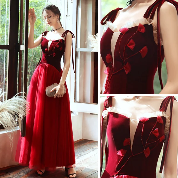 Élégant Rouge Daim Robe De Soirée 2020 Princesse Bretelles Spaghetti Transparentes Col v profond Sans Manches Appliques Fleur Perlage Longue Volants Dos Nu Robe De Ceremonie