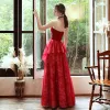 Schöne Rot Spitze Abendkleider 2020 A Linie Herz-Ausschnitt Ärmellos Perlenstickerei Pailletten Lange Rückenfreies Festliche Kleider