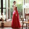 Chic / Beautiful Red Lace Evening Dresses  2020 A-Line / Princess Sweetheart Sleeveless Beading Sequins Floor-Length / Long Backless Formal Dresses