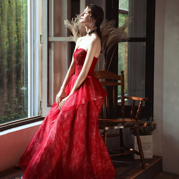 Chic / Beautiful Red Lace Evening Dresses  2020 A-Line / Princess Sweetheart Sleeveless Beading Sequins Floor-Length / Long Backless Formal Dresses