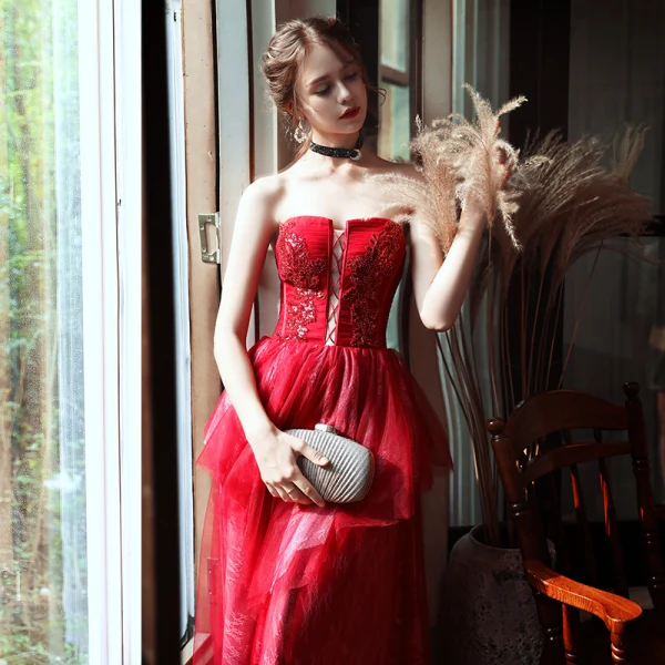 Chic / Beautiful Red Lace Evening Dresses  2020 A-Line / Princess Sweetheart Sleeveless Beading Sequins Floor-Length / Long Backless Formal Dresses