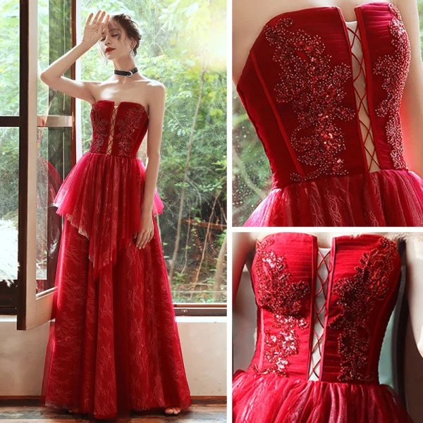 Chic / Beautiful Red Lace Evening Dresses  2020 A-Line / Princess Sweetheart Sleeveless Beading Sequins Floor-Length / Long Backless Formal Dresses
