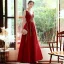 Élégant Rouge Satin Robe De Soirée 2020 Princesse Transparentes Col v profond Sans Manches Perlage Longue Volants Dos Nu Robe De Ceremonie