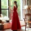 Élégant Rouge Satin Robe De Soirée 2020 Princesse Transparentes Col v profond Sans Manches Perlage Longue Volants Dos Nu Robe De Ceremonie