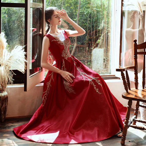 elegant dark red dress red prom dresses one shoulder side slit satin dark red floor length sa –  classygown main image 1