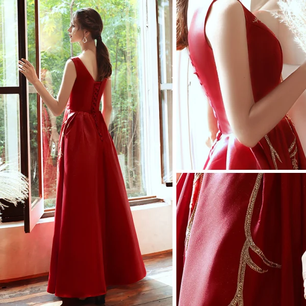 Élégant Rouge Satin Robe De Soirée 2020 Princesse Transparentes Col v profond Sans Manches Perlage Longue Volants Dos Nu Robe De Ceremonie