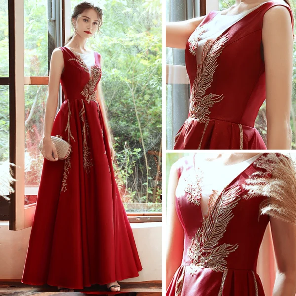 Élégant Rouge Satin Robe De Soirée 2020 Princesse Transparentes Col v profond Sans Manches Perlage Longue Volants Dos Nu Robe De Ceremonie