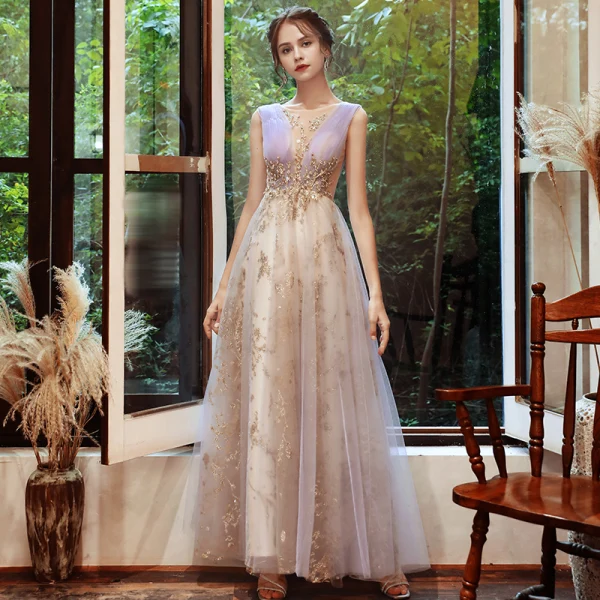 Charmant Lavande Champagne Robe De Soirée 2020 Princesse Transparentes Col v profond Sans Manches Perlage Glitter Tulle Longue Volants Dos Nu