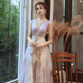 Charmant Lavande Champagne Robe De Soirée 2020 Princesse Transparentes Col V Profond Sans Manches Perlage Glitter Tulle Longue Volants Dos Nu