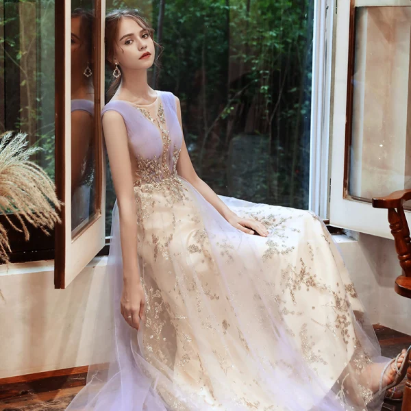 Charmant Lavande Champagne Robe De Soirée 2020 Princesse Transparentes Col v profond Sans Manches Perlage Glitter Tulle Longue Volants Dos Nu