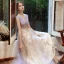 Charmant Lavande Champagne Robe De Soirée 2020 Princesse Transparentes Col v profond Sans Manches Perlage Glitter Tulle Longue Volants Dos Nu
