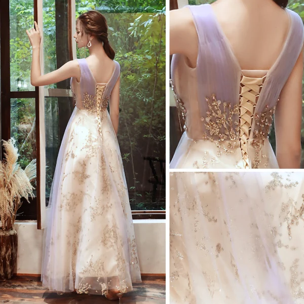 Charmant Lavande Champagne Robe De Soirée 2020 Princesse Transparentes Col v profond Sans Manches Perlage Glitter Tulle Longue Volants Dos Nu