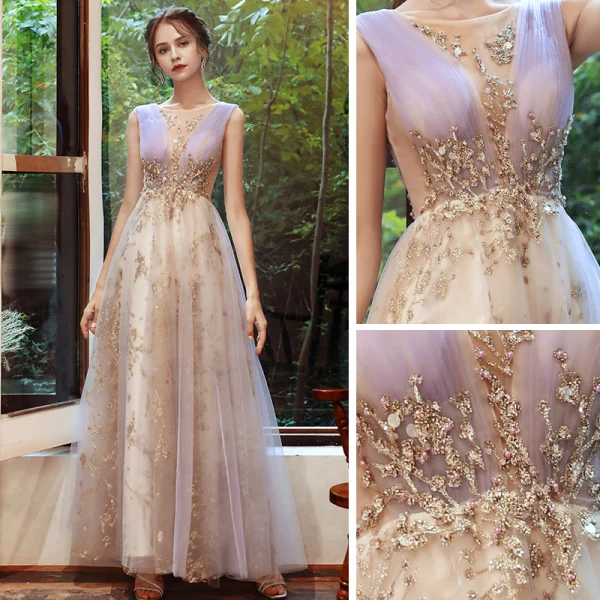 Charmant Lavande Champagne Robe De Soirée 2020 Princesse Transparentes Col v profond Sans Manches Perlage Glitter Tulle Longue Volants Dos Nu