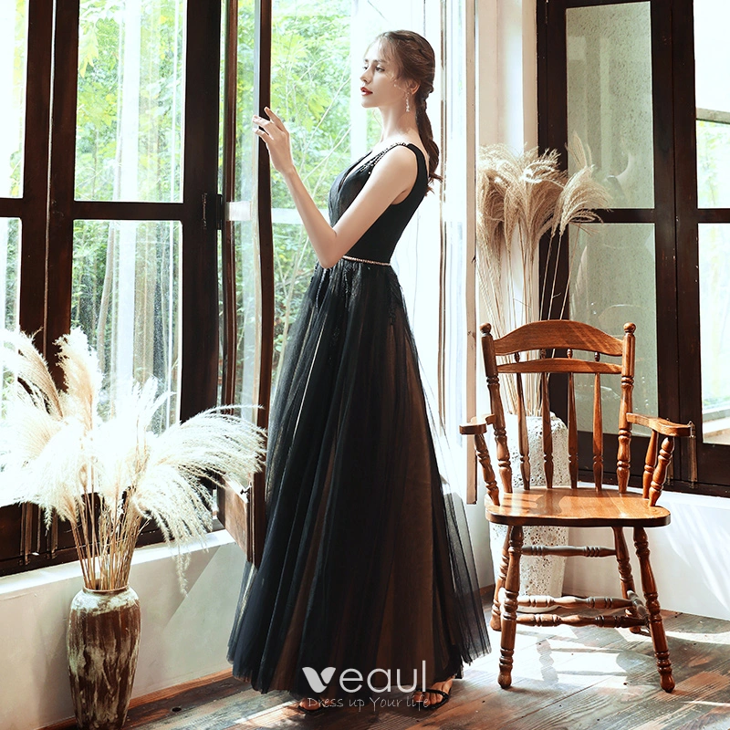 Elegant Black Evening Dresses 2020 A-Line / Princess Deep V-Neck Sleeveless  Beading Sash Floor-Length / Long Ruffle Backless Formal Dresses