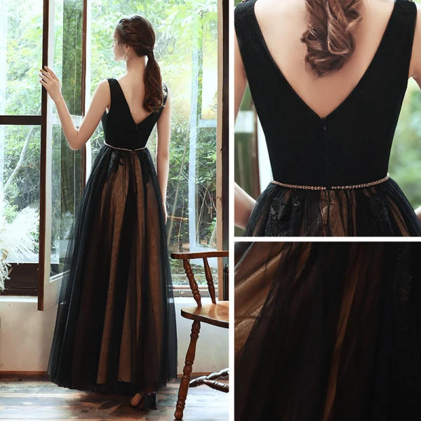 Élégant Noire Robe De Soirée 2020 Princesse Col v profond Sans Manches Perlage Ceinture Longue Volants Dos Nu Robe De Ceremonie