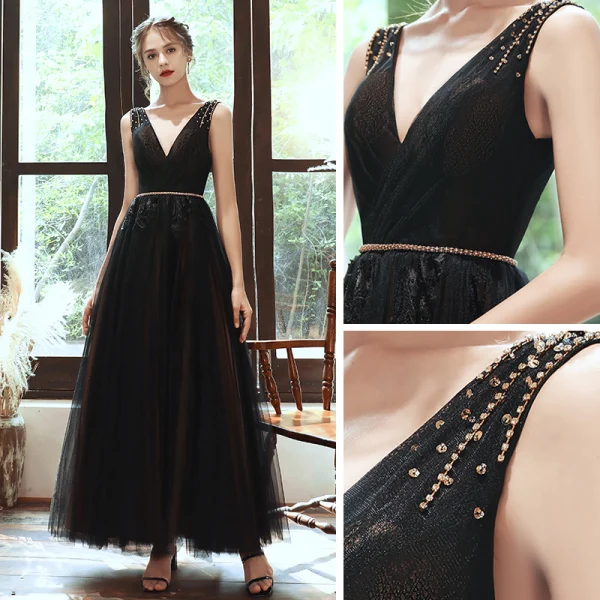 Élégant Noire Robe De Soirée 2020 Princesse Col v profond Sans Manches Perlage Ceinture Longue Volants Dos Nu Robe De Ceremonie