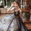 Élégant Bleu Marine Robe De Soirée 2020 Princesse Transparentes Col v profond Sans Manches Appliques En Dentelle Perlage Glitter Tulle Longue Volants Dos Nu