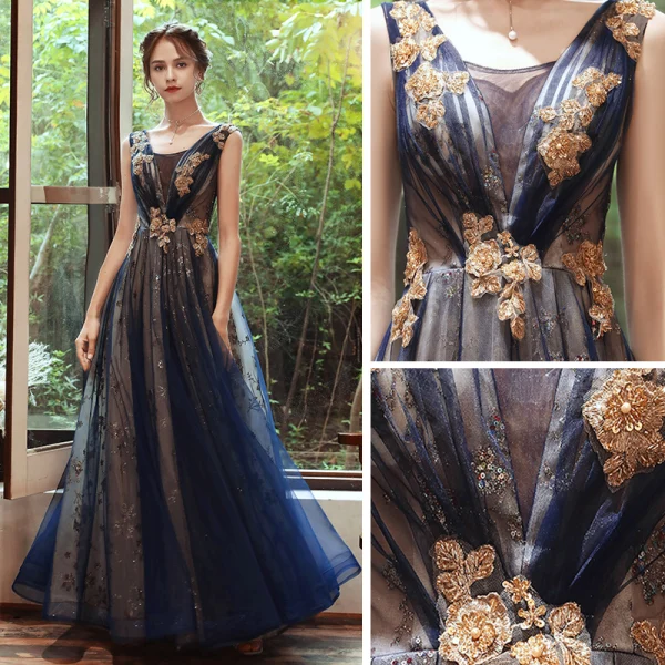 Élégant Bleu Marine Robe De Soirée 2020 Princesse Transparentes Col v profond Sans Manches Appliques En Dentelle Perlage Glitter Tulle Longue Volants Dos Nu