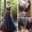 Élégant Bleu Marine Robe De Soirée 2020 Princesse Transparentes Col v profond Sans Manches Appliques En Dentelle Perlage Glitter Tulle Longue Volants Dos Nu