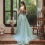 Élégant Vert Robe De Soirée 2020 Princesse Bretelles Spaghetti Sans Manches Appliques Fleur Plumes Perlage Train De Balayage Volants Dos Nu Robe De Ceremonie