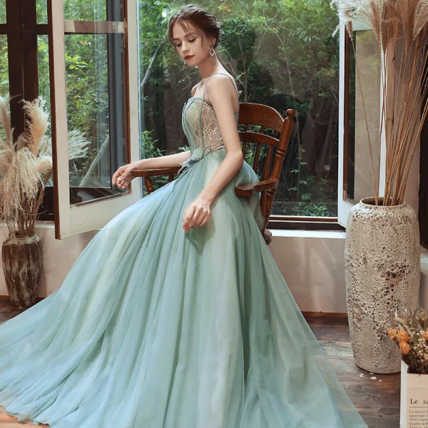 Elegant Green Evening Dresses 2020 A-Line Princess Spaghetti Straps Sleeveless Flower