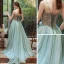 Élégant Vert Robe De Soirée 2020 Princesse Bretelles Spaghetti Sans Manches Appliques Fleur Plumes Perlage Train De Balayage Volants Dos Nu Robe De Ceremonie