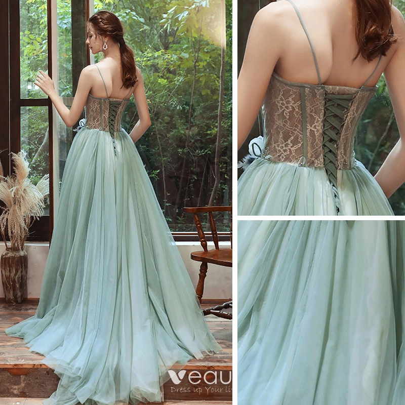 A-Line/Princess Green Spaghetti Straps Sleeveless Floor-Length Evening Dresses with Embroidery main image 1